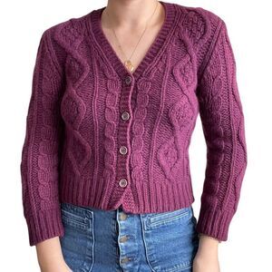 J Crew Womens Purple Chunky Cable Knit Alpaca Wool Blend Cardigan Sz XS
